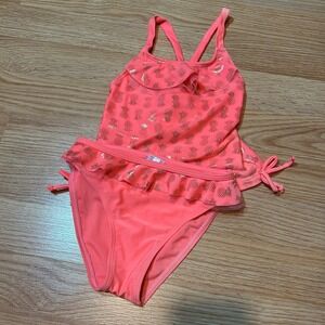 Real Love Girls 4T Tankini Swimsuit Pink Coral Gold Pineapple Ruffle 2 Piece Set